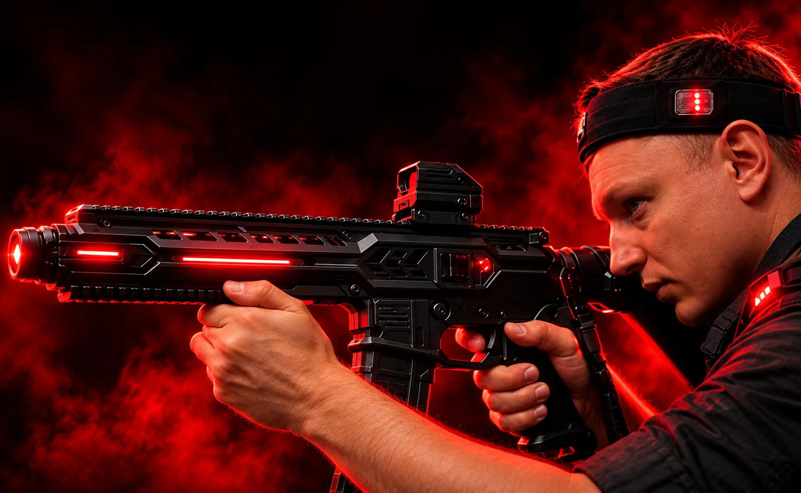 Player with a tactical laser tag rifle at HAVOC